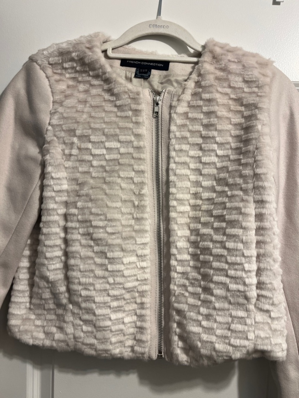 French Connection Cream Textured Faux-Fur Zip Jacket